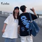 Couple Matching Elbow Sleeve Chinese Character Print T-shirt
