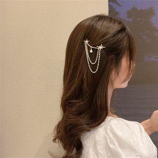 Star Rhinestone Chained Hair Clip Rhinestone & Faux Pearl - Silver & White - One Size