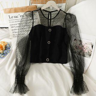 Dotted Mesh-panel Corduroy Crop Top