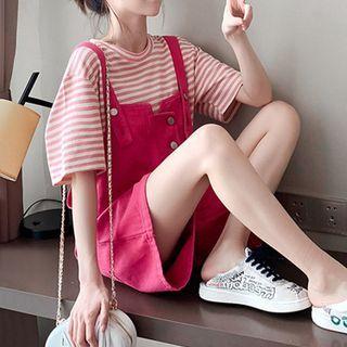 Set: Elbow-sleeve Striped T-shirt + Wide Leg Denim Dungaree Shorts