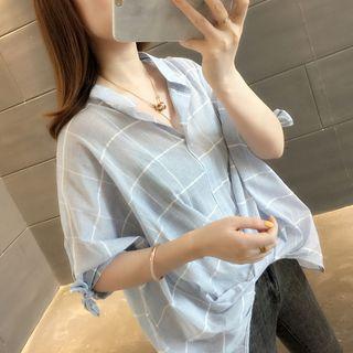 Elbow-sleeve Windowpane Check Dip Back Blouse