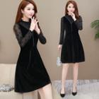 Long-sleeve Paneled A-line Velvet Dress