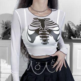 Bone Print Mesh Long-sleeve Crop Top