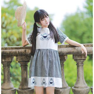 Embroidered Gingham Panel Short Sleeve Smock Dress