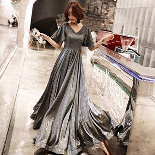 Flutter Sleeve V-neck Glittered Evening Gown