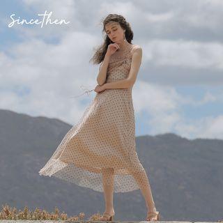 Off-shoulder Dotted Mesh A-line Midi Dress