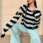 Distressed Striped Sweater Mint Green - One Size