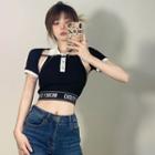Set: Short-sleeve Shrug + Halter Lettering Crop Tank Top