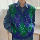 Argyle Knit Vest Blue & Green - One Size