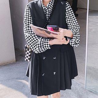 Set: Checkered Shirt + Double-breasted Mini Overall Dress
