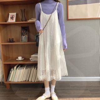 Spaghetti Strap Lace Midi A-line Dress / Turtleneck Top