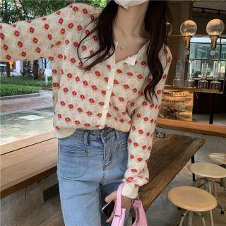 Long-sleeve Floral Printed Cardigan Almond - One Size