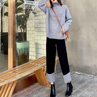 Plain Turtle-neck Loose-fit Sweater / Knit Pants