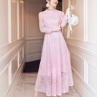 Lace 3/4-sleeve Midi A-line Dress Pink - L