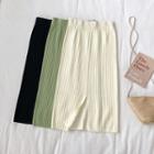 Slit-front Ribbed Knit Midi Skirt
