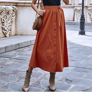Tie-waist Button Maxi A-line Skirt