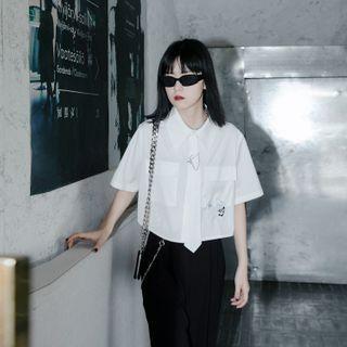 Short-sleeve Embroidered Mock-tie Shirt