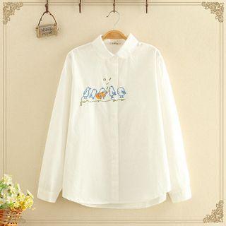 Lapel Bird Embroidered Plain Long-sleeve Shirt White - One Size