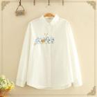 Lapel Bird Embroidered Plain Long-sleeve Shirt White - One Size