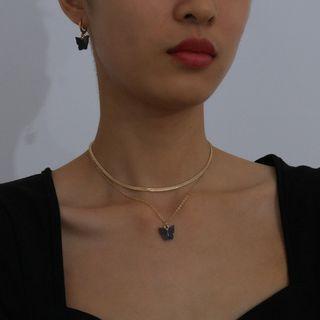 Set: Alloy Butterfly Pendant Layered Choker Necklace + Dangle Earring