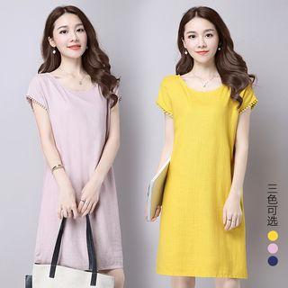 Short-sleeve Pompom Trim Shift Dress