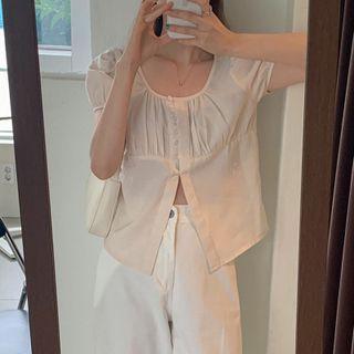 Short-sleeve Button-up Front-slit Blouse