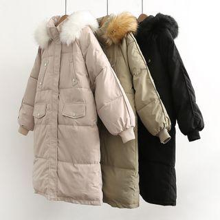 Fluffy Trim Long Hooded Padded Zip Coat