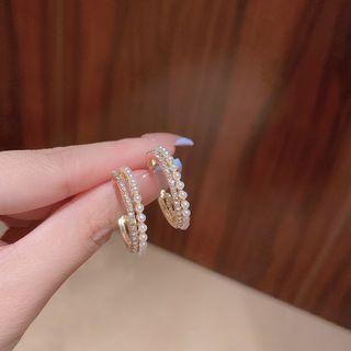 Rhinestone Faux Pearl Alloy Open Hoop Earring 1 Pair - A149 - Gold - One Size
