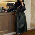Set: Puff-sleeve Midi A-line Dress + Mock-neck Ribbed Knit Shawl