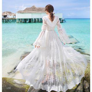 Long-sleeve Lace Panel Maxi A-line Dress