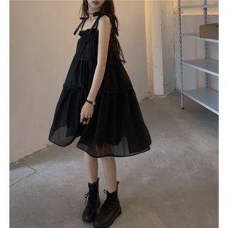 Spaghetti-strap Tiered A-line Dress Black - One Size
