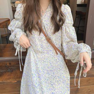 Long-sleeve Floral Midi Dress Purple Floral - White - One Size