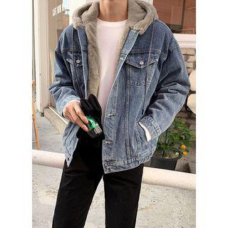 Faux-fur Hooded Boxy Denim Jacket