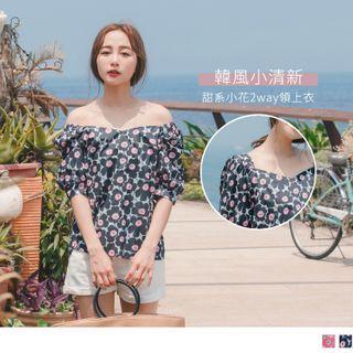 Flower-print Puff-sleeve Off-shoulder Top