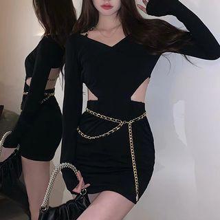 V-neck Cut-out Knit Mini Sheath Dress