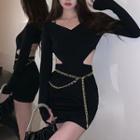 V-neck Cut-out Knit Mini Sheath Dress