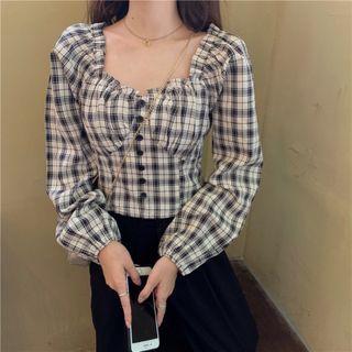 Long-sleeve Frill Trim Plaid Top
