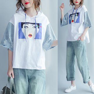 Short-sleeve Denim Panel Hooded Top
