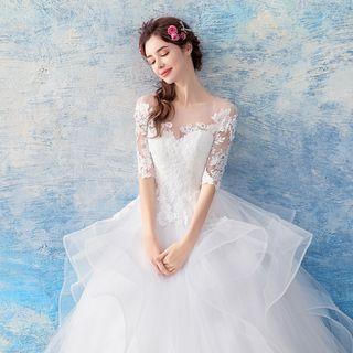 Crochet Trim Off Shoulder Elbow Sleeve Wedding Ball Gown