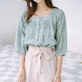Plaid Square-neck 3/4-sleeve Blouse