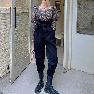 Long-sleeve Floral Print Top / High-waist Harem Pants