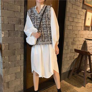 Tweed Vest / Long-sleeve Midi Shirt Dress