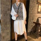 Tweed Vest / Long-sleeve Midi Shirt Dress