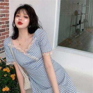 Lace Check Short-sleeve Dress Blue - One Size