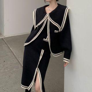 Contrast Trim Pocket-detail Slit Midi Skirt / Lapel Contrast Trim Cardigan