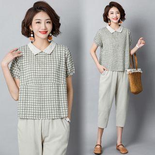 Plaid Short-sleeve Top / Crop Pants / Set