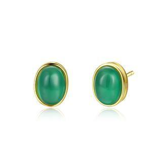 Sterling Silver Plated Gold Geometric Green Oval Stud Earrings Golden - One Size