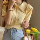 Short-sleeve Collared Button-up Knit Crop Top