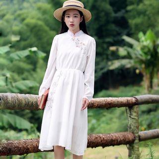 Flower Embroidered Long Sleeve Mandarin Collar Midi Dress