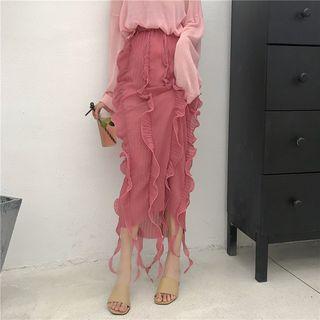 High Waist Ruffle Hem Pencil Skirt Pink - One Size